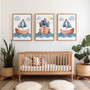 Nautical nursery canvas art set, ocean and sailboat theme in blue and white, wall decor for boys' bedroom or nursery