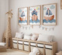 Nautical nursery canvas art set, sailboat on calm ocean in blue and white, coastal boys' room wall decor, set of three