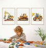 Construction vehicles canvas set featuring excavator and bulldozer prints for toddler room decor, in soft pastel tones Construction vehicles canvas set featuring excavator and bulldozer prints for toddler room decor, in soft pastel tones