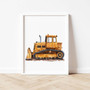 Construction theme canvas set with cute excavator and bulldozer art, cartoon style for toddler bedroom decor, gray background Construction theme canvas set with cute excavator and bulldozer art, cartoon style for toddler bedroom decor, gray background