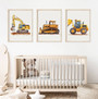 Construction vehicles canvas prints with excavator and bulldozer, playful nursery wall art set with cones and dirt mounds Construction vehicles canvas prints with excavator and bulldozer, playful nursery wall art set with cones and dirt mounds