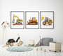 Construction-themed canvas set with excavator and bulldozer prints, modern nursery decor with black and yellow accent details Construction-themed canvas set with excavator and bulldozer prints, modern nursery decor with black and yellow accent details