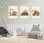 Construction trucks canvas art set with mustard yellow excavator and bulldozer on white, minimalist nursery wall decor Construction trucks canvas art set with mustard yellow excavator and bulldozer on white, minimalist nursery wall decor