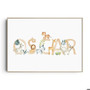 Safari animal canvas nursery art, whimsical in soft neutral tones, custom name, perfect boys room decor, new baby gift