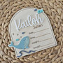 Whale nursery wood sign, personalized rectangular natural wood plaque with custom name and date, coastal nursery wall decor