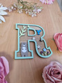 Woodland nursery animal wood sign letters personalized with child name, natural oak finish, fox and bear motifs for wall decor