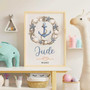 Anchor nautical nursery canvas, personalized with child’s name; nautical accents suit a baby boy room and new moms