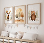 Earth-toned woodland nursery canvas art featuring bear and moose prints, neutral palette for kids' room forest-themed decor