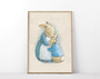 Vintage Peter Rabbit Illustration Canvas showing mama bunny hugging baby, storybook charm, muted tones for nursery decor.