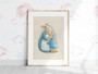 Vintage Peter Rabbit Illustration Canvas of mama bunny hugging baby, soothing watercolor palette for newborn nursery decor.