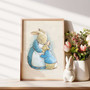 Vintage Peter Rabbit Illustration Canvas with mama bunny hugging baby, soft watercolor nursery wall art for calming nursery.