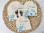 Whale nursery wood sign, personalized round engraved plaque for baby announcement or newborn footprint display in ocean theme