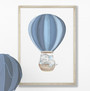 Elephant nursery canvas, sky blue hot air balloon with rainbow accents, custom name print for boys' room or baby shower