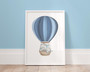 Elephant nursery canvas art, pastel blue hot air balloon and rainbow scene, custom name and date keepsake for baby boy