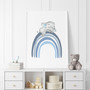 Elephant nursery canvas print with blue hot air balloon, rainbow, and clouds, personalized boys' room decor or newborn gift