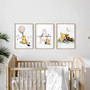 Winnie the Pooh canvas set in panoramic trio, woodland accents and clouds, personalized name, gift for new parents.