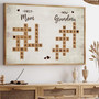 First Mom Now Grandma name crossword canvas, custom family names in neutral tones, rustic style wall art for living room