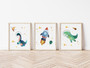 Space dinosaur watercolor print set featuring brontosaurus on moon, pastel stars, portrait orientation for boy nursery