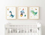 Space dinosaur canvas art set, watercolor T-Rex astronaut with planets, navy background, boy nursery wall decor