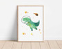 Space dinosaur watercolor prints set, stegosaurus riding a comet with stars, dusty blue tones, boy nursery decor