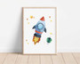 Space dinosaur canvas wall art, triceratops in a rocket ship, watercolor night sky, landscape orientation for boy nursery
