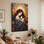 Heartwarming mother and baby canvas, folk art with warm earth tones, landscape layout for living room wall above the sofa