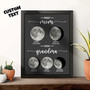 Custom birth moon phase canvas for Grandma, showing the lunar phase on a child’s birth date with personalized names and note