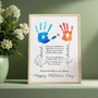 Mother's Day canvas showcasing kids' handprints around poem, custom names and date on white background, portrait