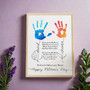 Mother's Day canvas featuring children's handprints and poem, custom names and date, neutral beige, gallery wrap