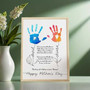 Mother's Day canvas with kids' handprints and poem in script, custom names and date, rainbow palette, black frame, landscape