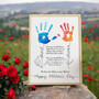 Mother's Day canvas with colorful children's handprints and poem, personalized names and date, rainbow splatter, landscape