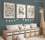 Dinosaur alphabet canvas set for kids, personalized with name; Scandi neutral prints for nursery decor in soft pastel tones.