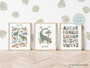 Dinosaur canvas set with A–Z letters, personalized for kids; minimalist Scandi wall art for playroom in muted earth tones.