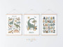 Dinosaur alphabet canvas set, personalized with child’s name; Scandinavian style prints for kids’ bedroom wall decor.