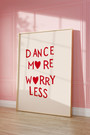 Dance More, Worry Less gallery-wrapped canvas quote art, black on white, portrait minimalist style for tween girls' room