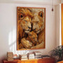 Lion family oil painting canvas wall art, gallery-wrapped, golden hues and soft shadows, living room wildlife focal point