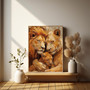 Lion family oil painting canvas, detailed brushstrokes and cubs, thoughtful gift for lion lovers and wildlife art enthusiasts
