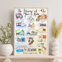 Personalized couples love story map canvas with names, dates, and heart markers tracing milestone locations; wall decor