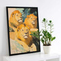 Lion family watercolor canvas, portrait with bold vibrant hues, striking safari decor for office or creative workspace.