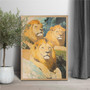 Lion family watercolor canvas featuring vibrant safari scene with parents and cubs, ideal for nursery decor or home office.