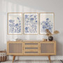 Trendy Blue Botanical Wall Art Set For Living Room – 3 Piece Chinoiserie Canvas Print Decor, Minimalist Design, Indoor Decorations