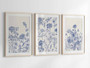 Trendy Blue Botanical Wall Art Set For Living Room – 3 Piece Chinoiserie Canvas Print Decor, Minimalist Design, Indoor Decorations