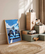 Playful cartoon blue Formula 1 car canvas art for boys nursery, custom name, checkered flag bunting and stars, wall art