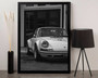 Vintage German car poster canvas, monochrome minimalist wall art, stylish living room decor for vintage auto aficionados.