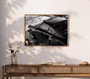 Classic German sports car canvas in black and white, sleek front profile, landscape art for office or living room decor