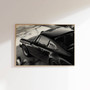 Classic German sports car canvas, black-and-white driver cockpit with steering wheel and gauges, art for home office decor
