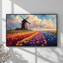 Dutch windmill tulip field canvas wall art, vibrant multicolor rows beneath blue sky, landscape print for living room decor