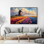 Dutch windmill tulip field canvas print, colorful spring blooms and classic mill, horizontal wall art for living room decor