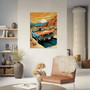 Retro Mustang desert canvas print, side-profile vintage car under sun, living room or garage wall art for auto enthusiasts