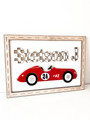 Race car wood sign, boho checkered alphabet in earthy neutrals, custom child name, sage and terracotta accents, horizontal